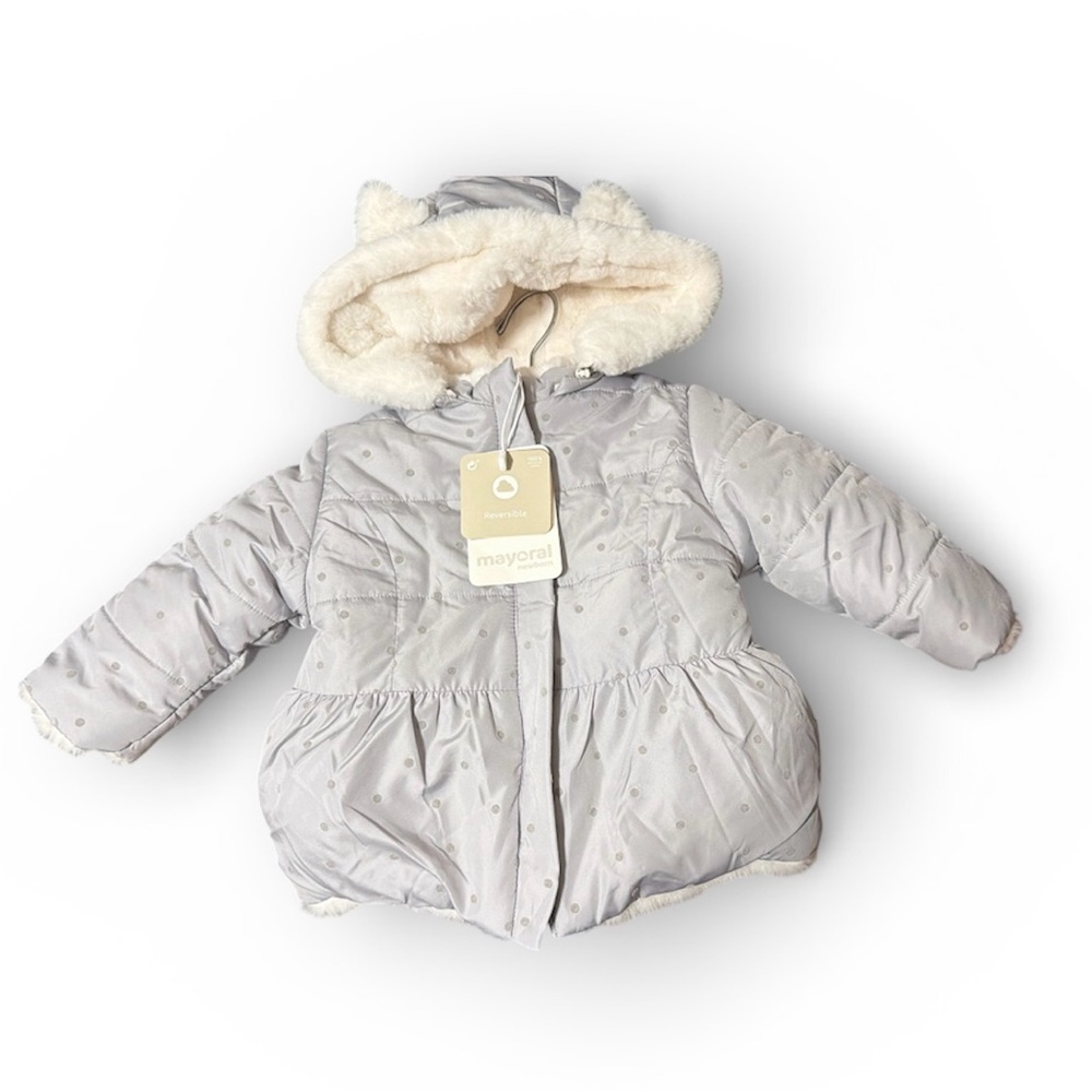 Mayoral Reversible Baby Puffer Coat | Faux Fur | Gray | 4–6M (70 cm)